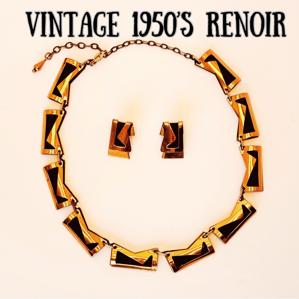 Vintage 1950’s Renoir Signed Copper & Black Necklace & Clip On Earrings Set